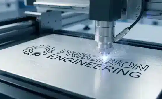 Laser marking machine engraving high-contrast technical details on a metal plate.