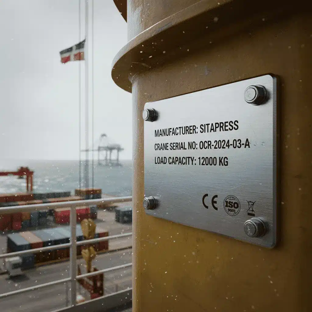 AISI 316 Edelstahl-Typenschild, montiert an einem Offshore-Kran