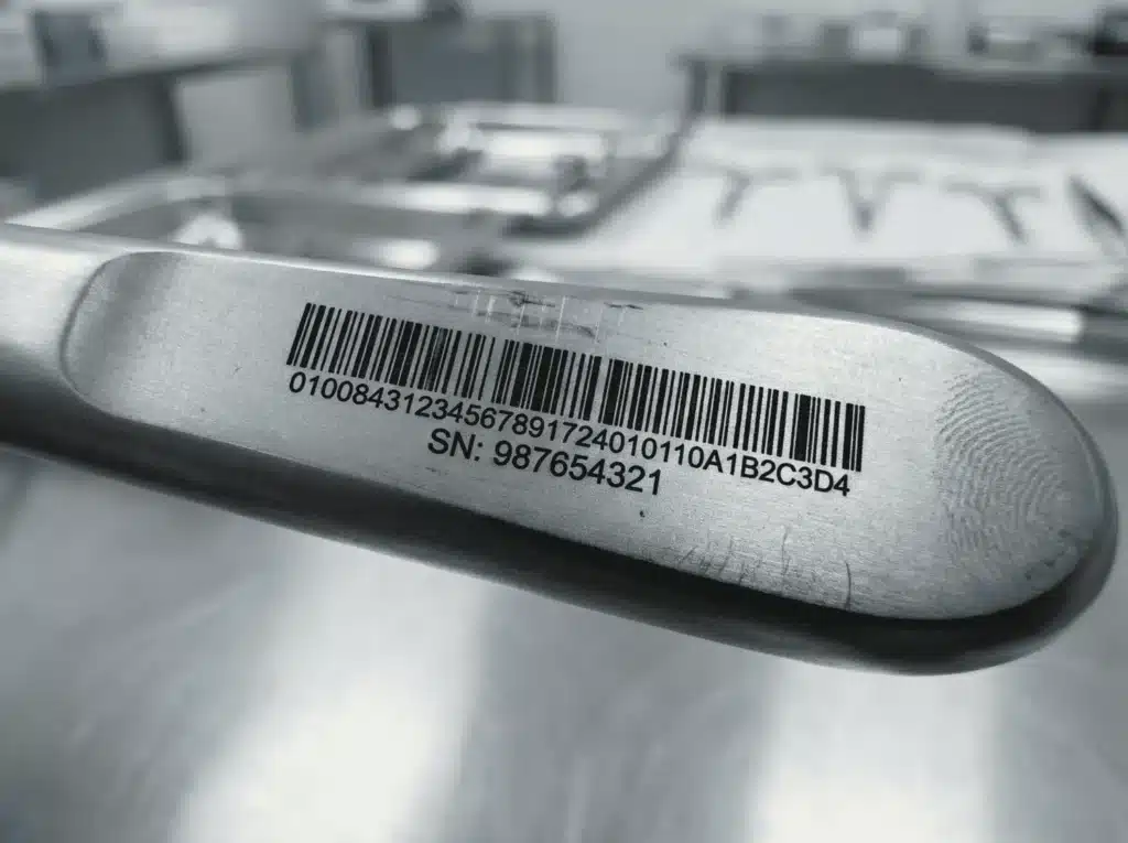 Nahaufnahme eines lasermarkierten Barcodes auf einem medizinischen Instrument aus Titan.