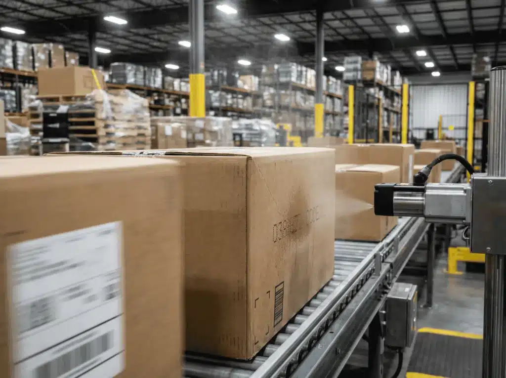 Automatisierter Tintenstrahldrucker, der Kartonagen auf einem schnellen Förderband markiert.