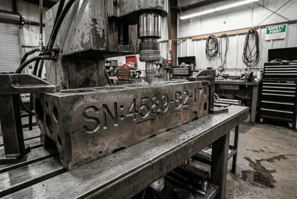 Eine mechanische Markierungsmaschine, die eine tiefe Seriennummer in Metall graviert.