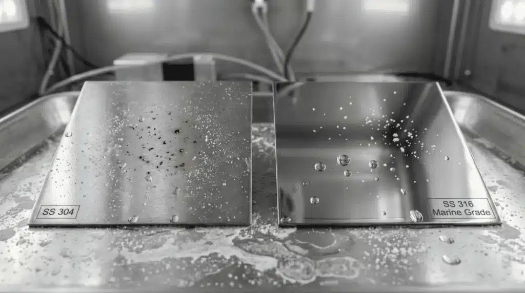 Nahaufnahme, die zeigt, wie Edelstahl 316 Korrosion widersteht, während 304 leichte Lochfraßkorrosion durch Salzeinwirkung aufweist.