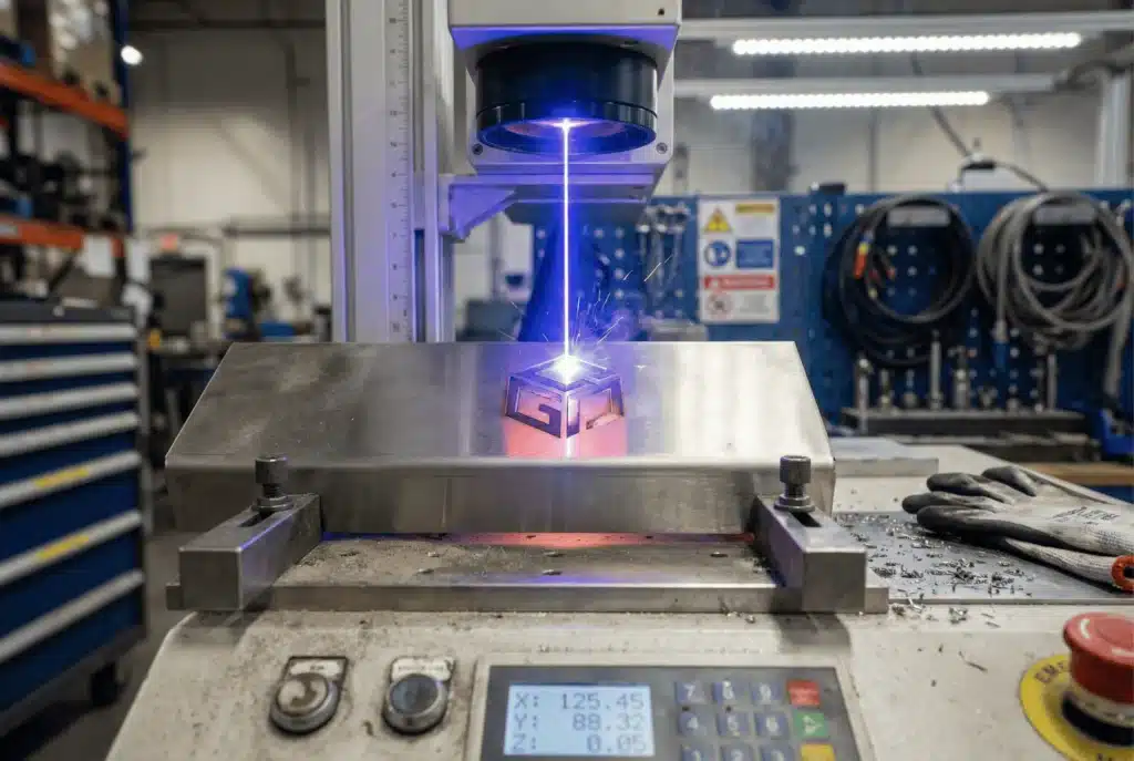Ein Faserlaser-Markierungssystem, das ein Metallteil in einer Fabrikumgebung graviert.