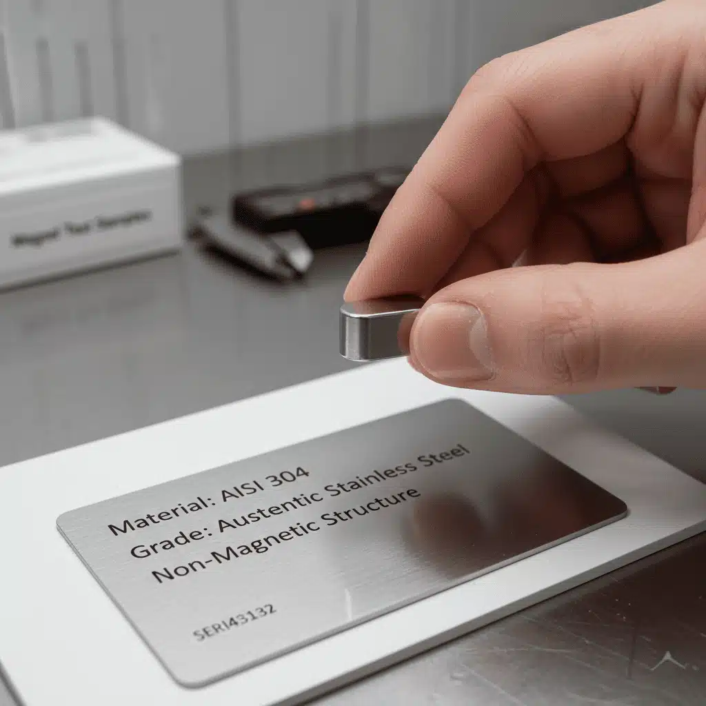Eine Person führt einen Magnettest an einem Namensschild aus Edelstahl durch.