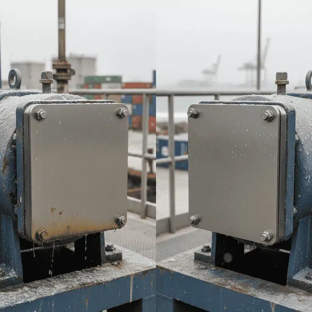 Vergleich von Fremdrost (Tea Staining) auf Edelstahl und einer sauberen AISI 316-Platte