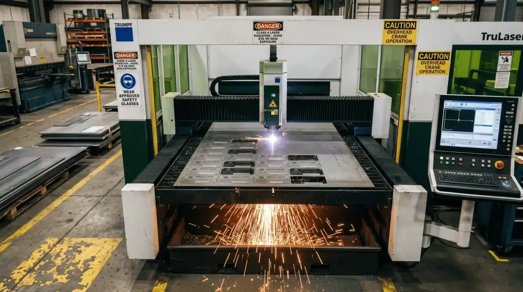 Laser światłowodowy tnie tabliczki metalowe z blachy podczas produkcji tabliczek