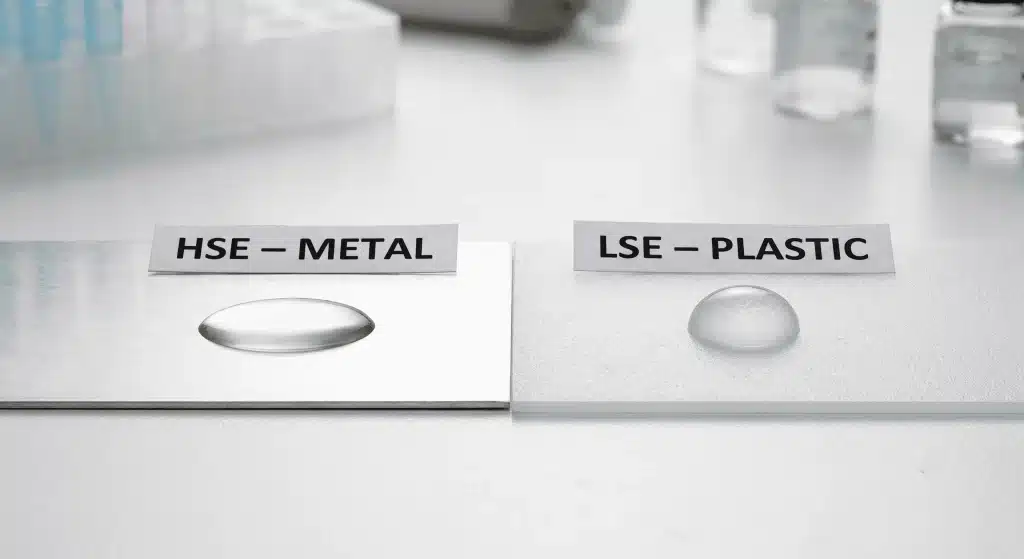 Porównanie powierzchni HSE i LSE — klej do nakładki graficznej rozlewa się na metalu, a perli na polipropylenie