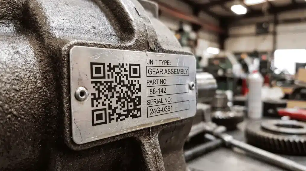 Laserowo grawerowany kod QR na aluminiowej tabliczce znamionowej urządzenia przemysłowego