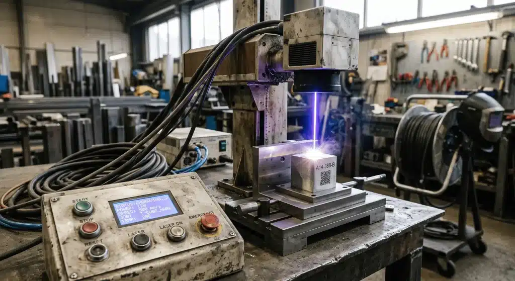 Laserové značenie dielov – priemyselný laser gravíruje kovový kus na výrobnej linke