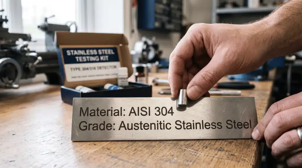 Test, či je nehrdzavejúca oceľ magnetická – štítok AISI 304
