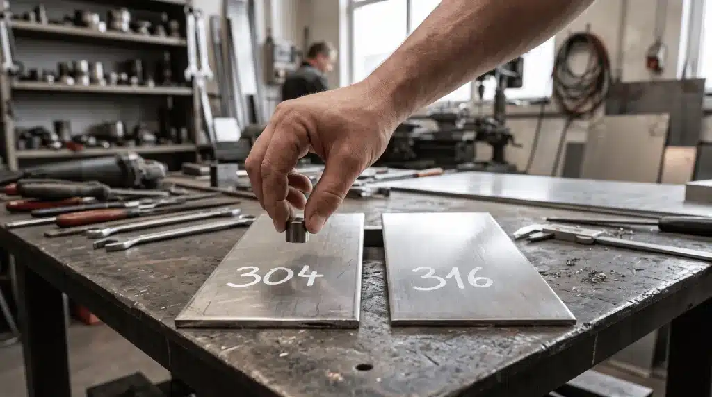 Magnetický test porovnávajúci nehrdzavejúcu oceľ 304 a 316