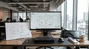 Plik produkcyjny nakładki graficznej – inżynier przygotowuje projekt wektorowy na stacji roboczej