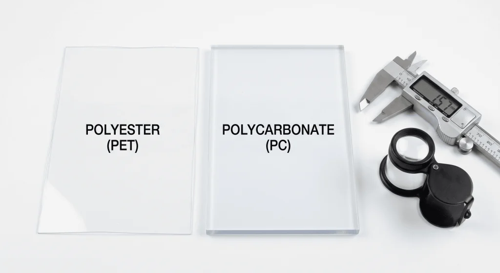 Porównanie próbek poliestru (PET) i poliwęglanu (PC) na powierzchni laboratoryjnej – poliester vs poliwęglan nakładka graficzna wybór substratu