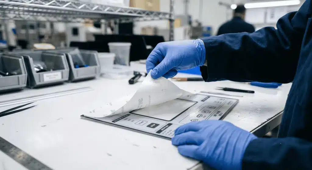 Technik usuwający warstwę maskującą do selektywnego pokrycia klejem na nakładce graficznej — prostokątne okienko bez kleju dla wyświetlacza LCD