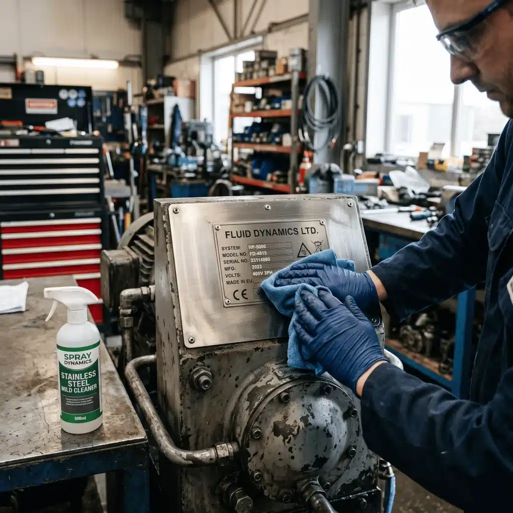 Technik čistiaci štítok z nehrdzavejúcej ocele v smere brúsenej štruktúry