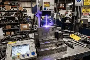 Znakowanie laserowe części — przemysłowy laser grawerujący numer seryjny na metalowym elemencie