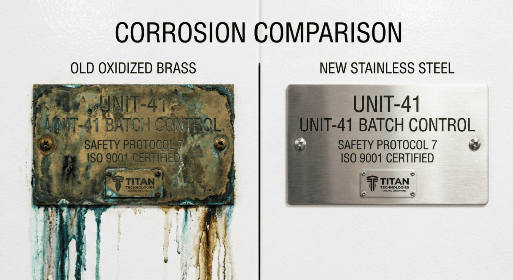 Comparison of oxidized brass vs clean stainless steel nameplates