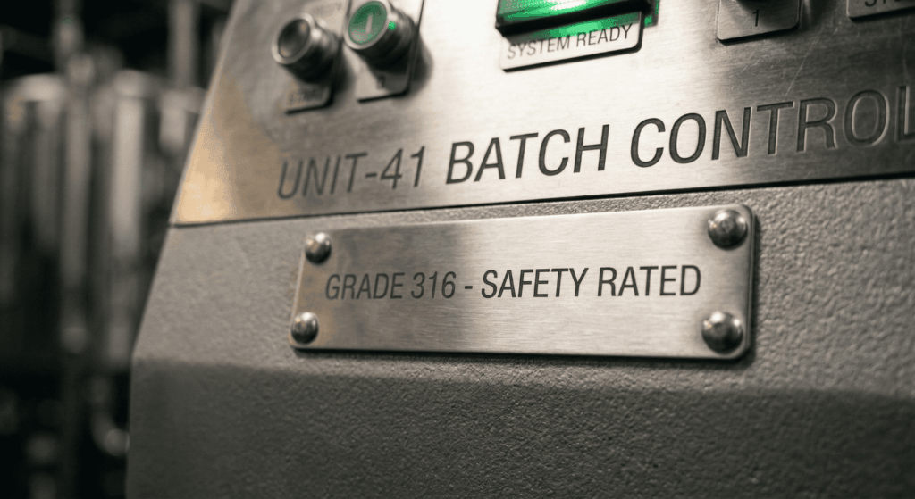 High-quality grade 316 stainless steel industrial nameplate on machinery