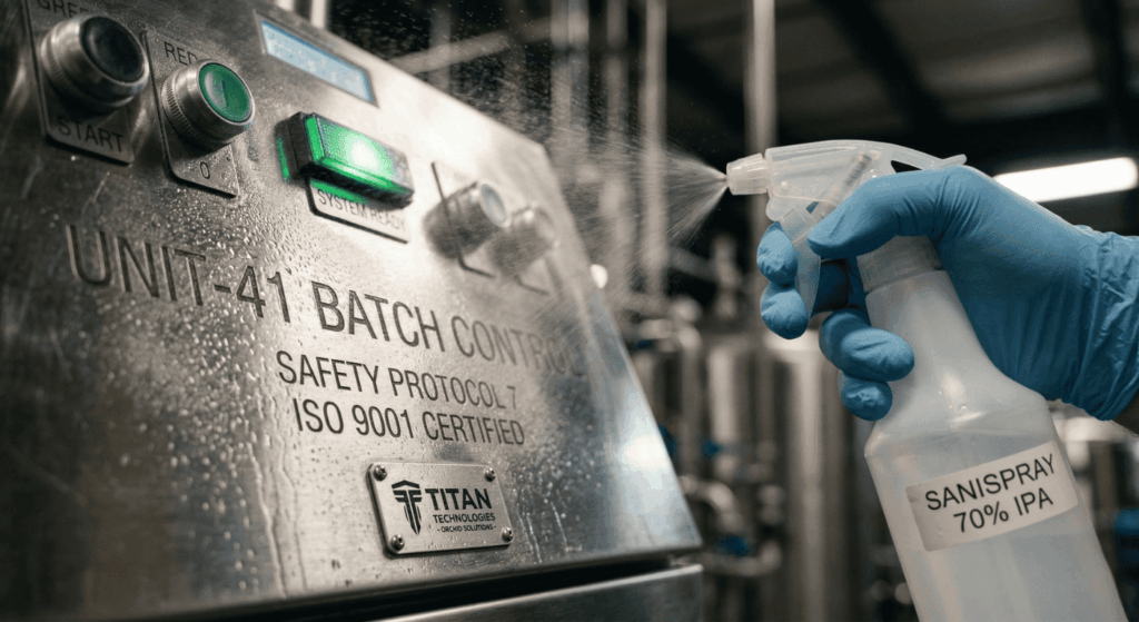 Worker cleaning a stainless steel control panel with disinfectant