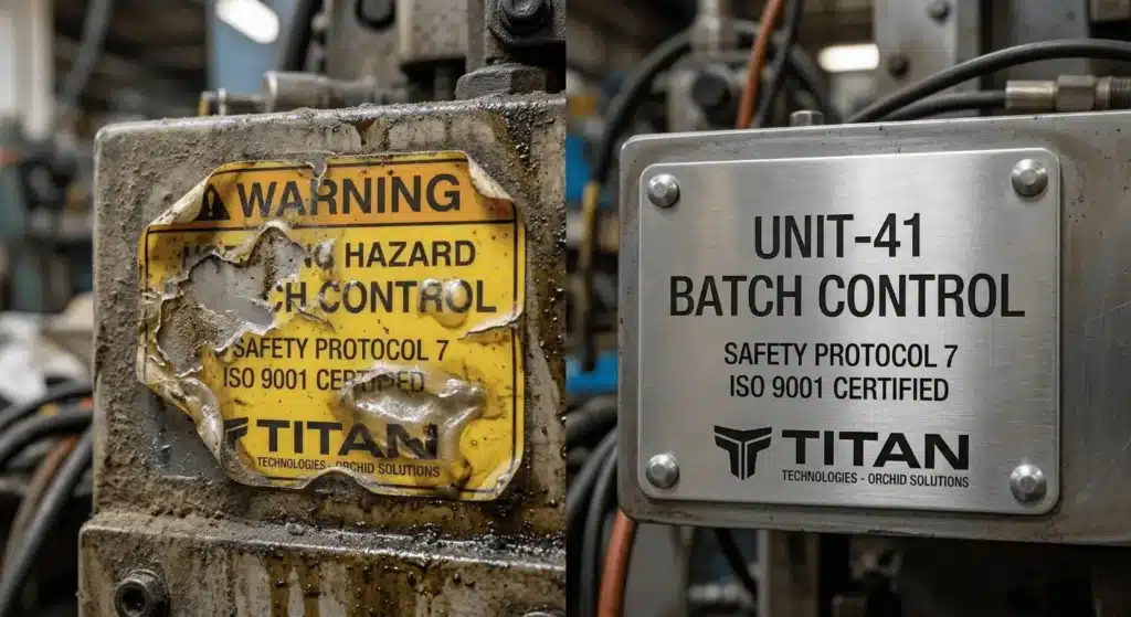 Comparison showing how chemical resistance protects etched metal while printed labels dissolve.