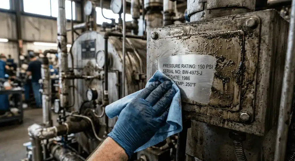 A hand wearing a glove wiping oil and dirt off a metal machine data plate.