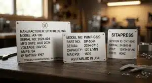 A set of clean, professionally etched stainless steel industrial nameplates on a workbench.