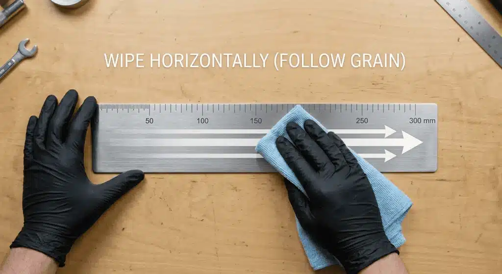 Illustration photograph showing a hand cleaning a metal plate, emphasizing wiping with the grain.