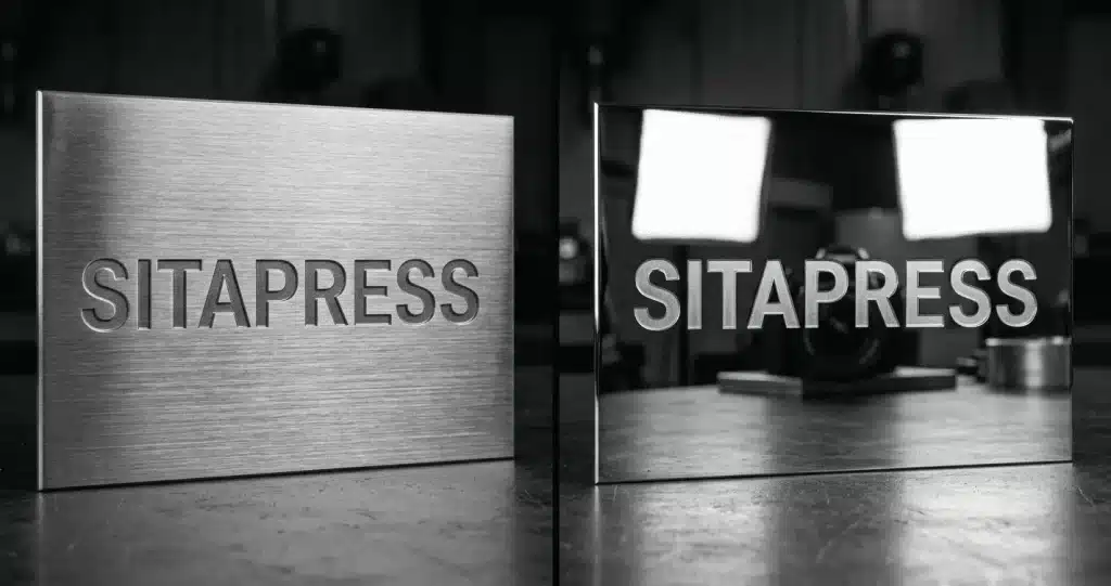 A high-end split-screen photo of two Sitapress stainless steel nameplates, one in brushed satin and one in mirror polish.