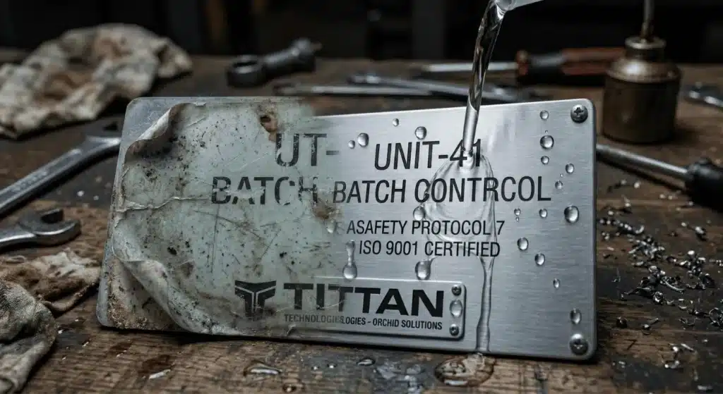 High-grade stainless steel nameplate showing superior chemical resistance against industrial solvents.