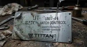 High-grade stainless steel nameplate showing superior chemical resistance against industrial solvents.