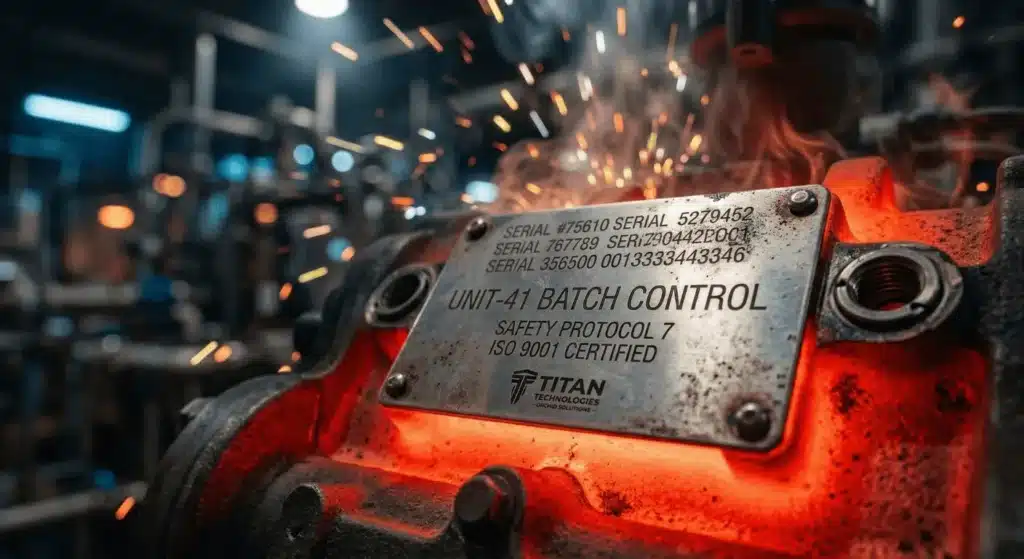 A durable stainless steel nameplate attached to an industrial furnace withstanding high temperatures.