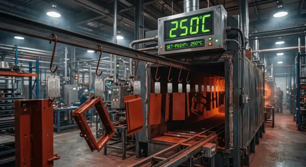 Stainless steel identification tags passing through a powder coating curing oven.