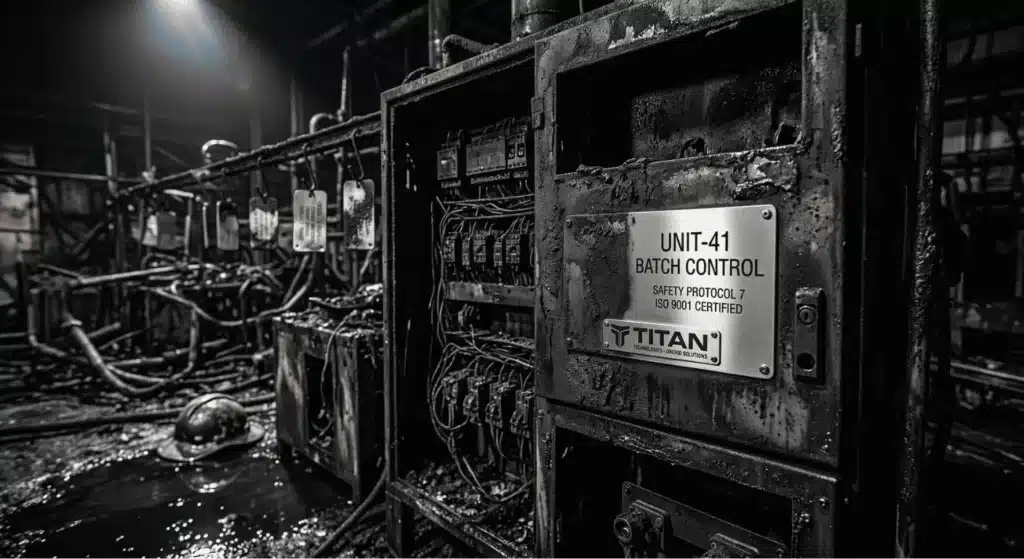 An intact stainless steel nameplate recovered from a fire-damaged industrial site.