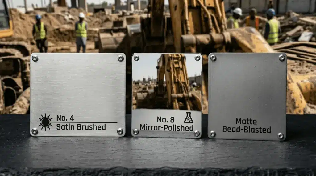 A side-by-side comparison of three distinct stainless steel nameplate finishes: brushed, mirror, and matte.