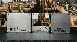 A side-by-side comparison of three distinct stainless steel nameplate finishes: brushed, mirror, and matte.
