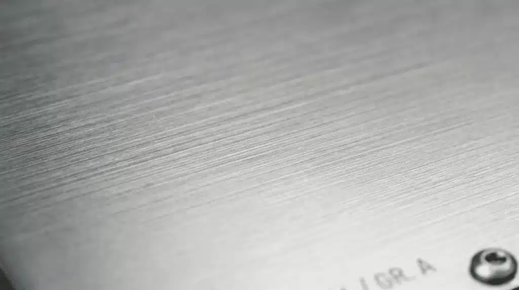 A close-up view showing the fine horizontal grain texture of brushed stainless steel nameplate finishes.