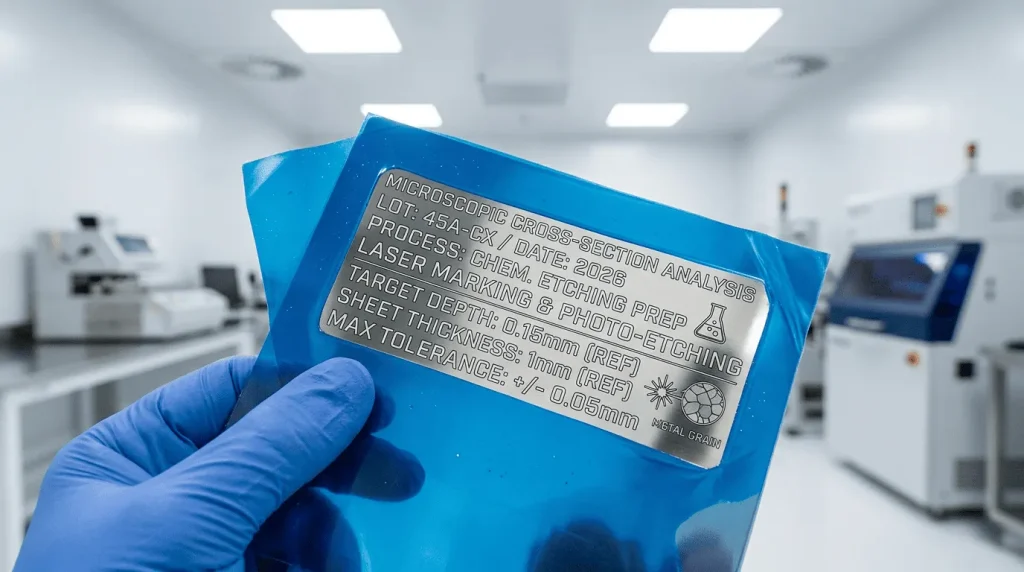 Blue UV-resistant photoresist mask applied to a stainless steel sheet during chemical etching.