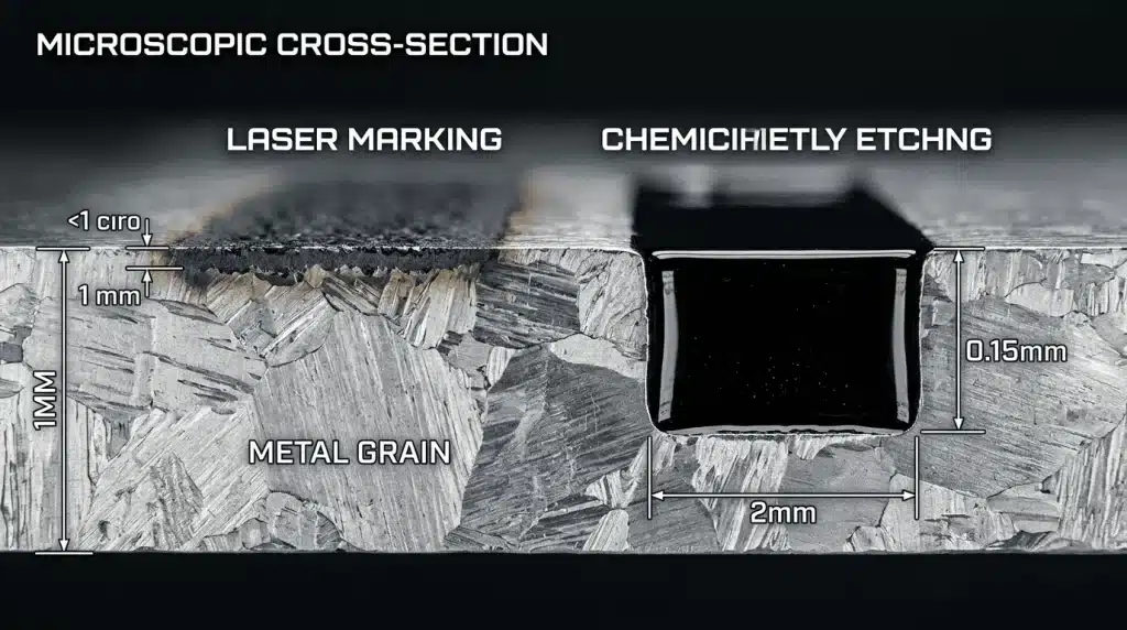 Macro cross-section comparing the depth of laser marking and chemical etching on stainless steel.