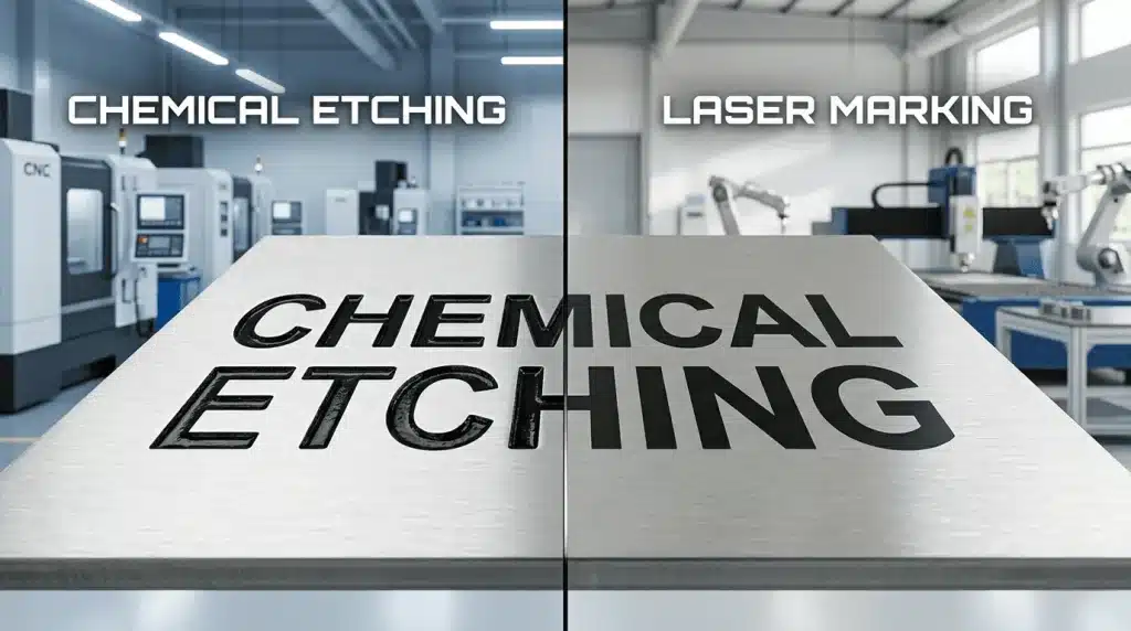Industrial comparison of permanent chemical etching and surface laser marking on metal.