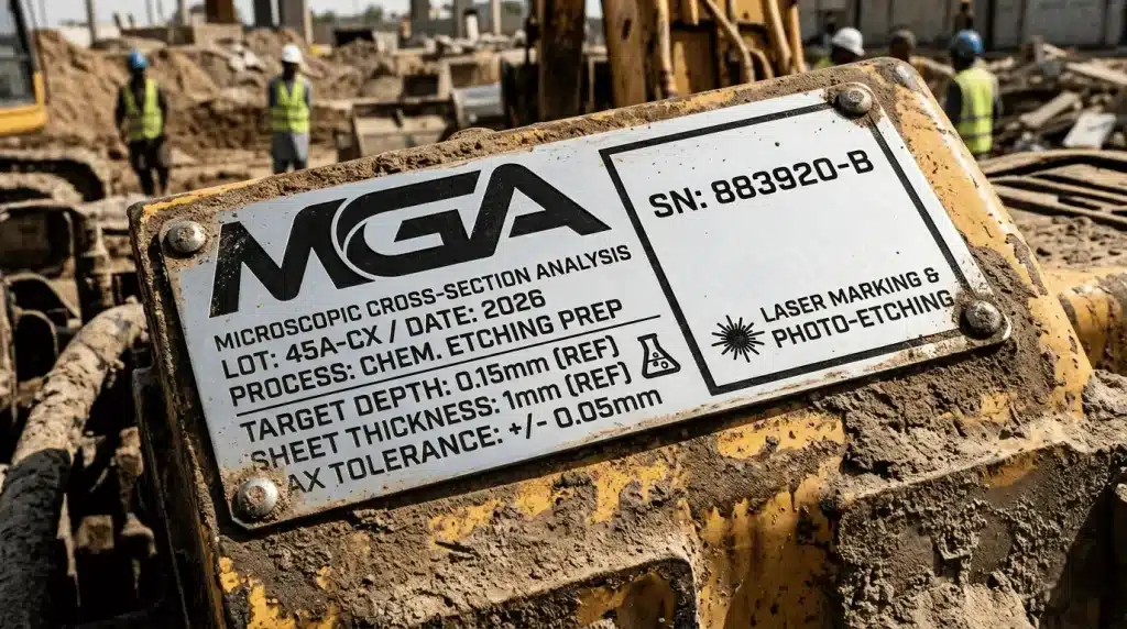 Legible chemically etched stainless steel nameplate on dirty, weathered heavy machinery.