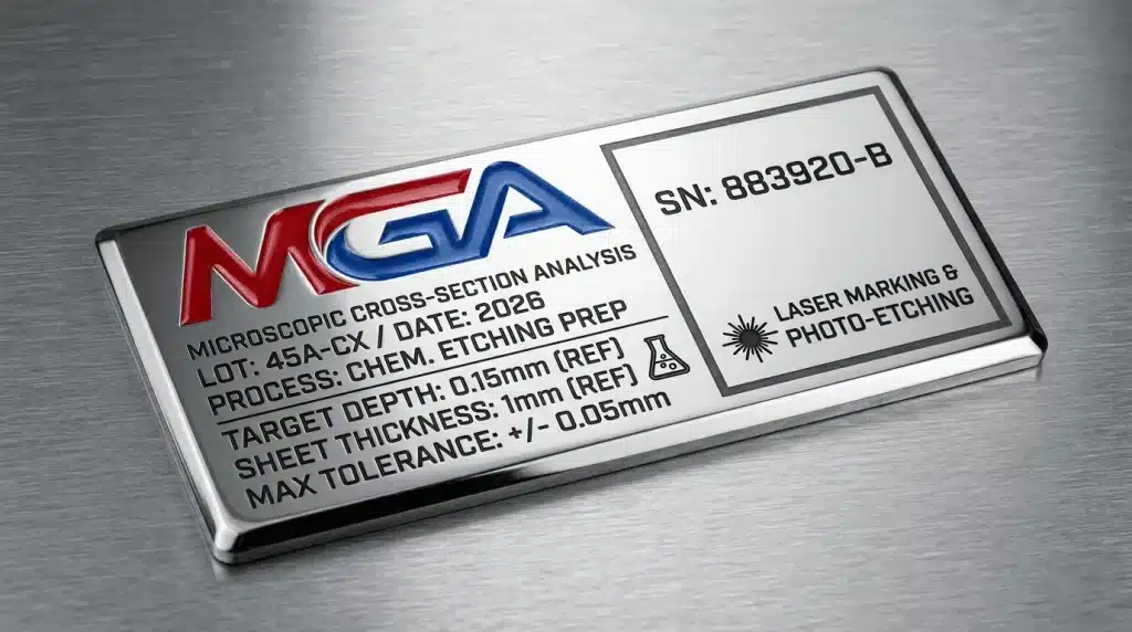 Close-up of a nameplate showing a deeply etched colored logo and laser-marked variable data.