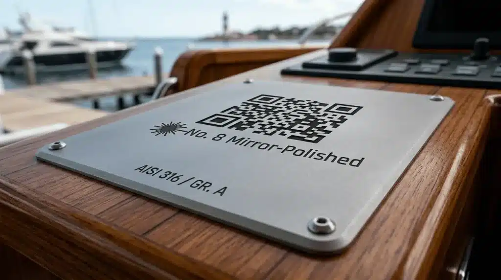 A dull, non-reflective matte bead-blasted stainless steel nameplate finish ideal for barcodes.