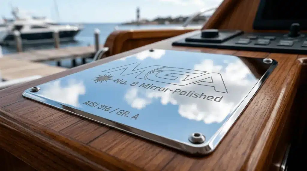 Highly reflective, flawless mirror-polished stainless steel nameplate finishes used for decorative branding.