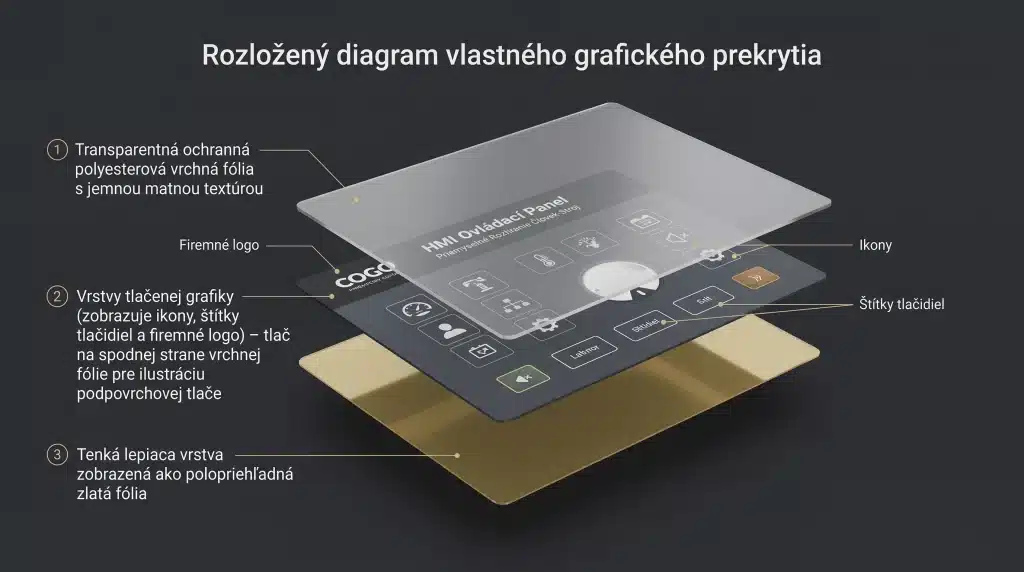 Explodovaný diagram grafického prekrytia zobrazujúci substrát, grafickú vrstvu a lepiacu vrstvu