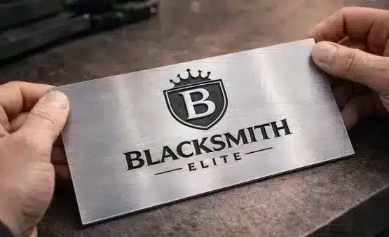 Štítok z brúseného kovu so zapusteným profesionálnym logom „BLACKSMITH ELITE"