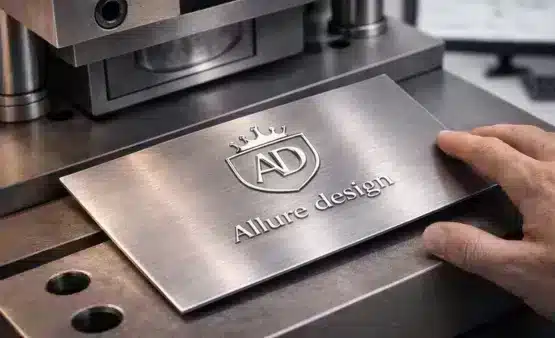 Strieborný kovový štítok s hmatateľným reliéfnym logom „AD Allure Design"